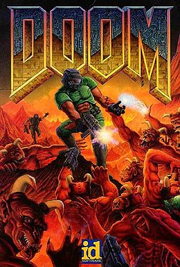 cover art to doom 1993 showing the doomslayer surrounded and fighting a horde of demons.