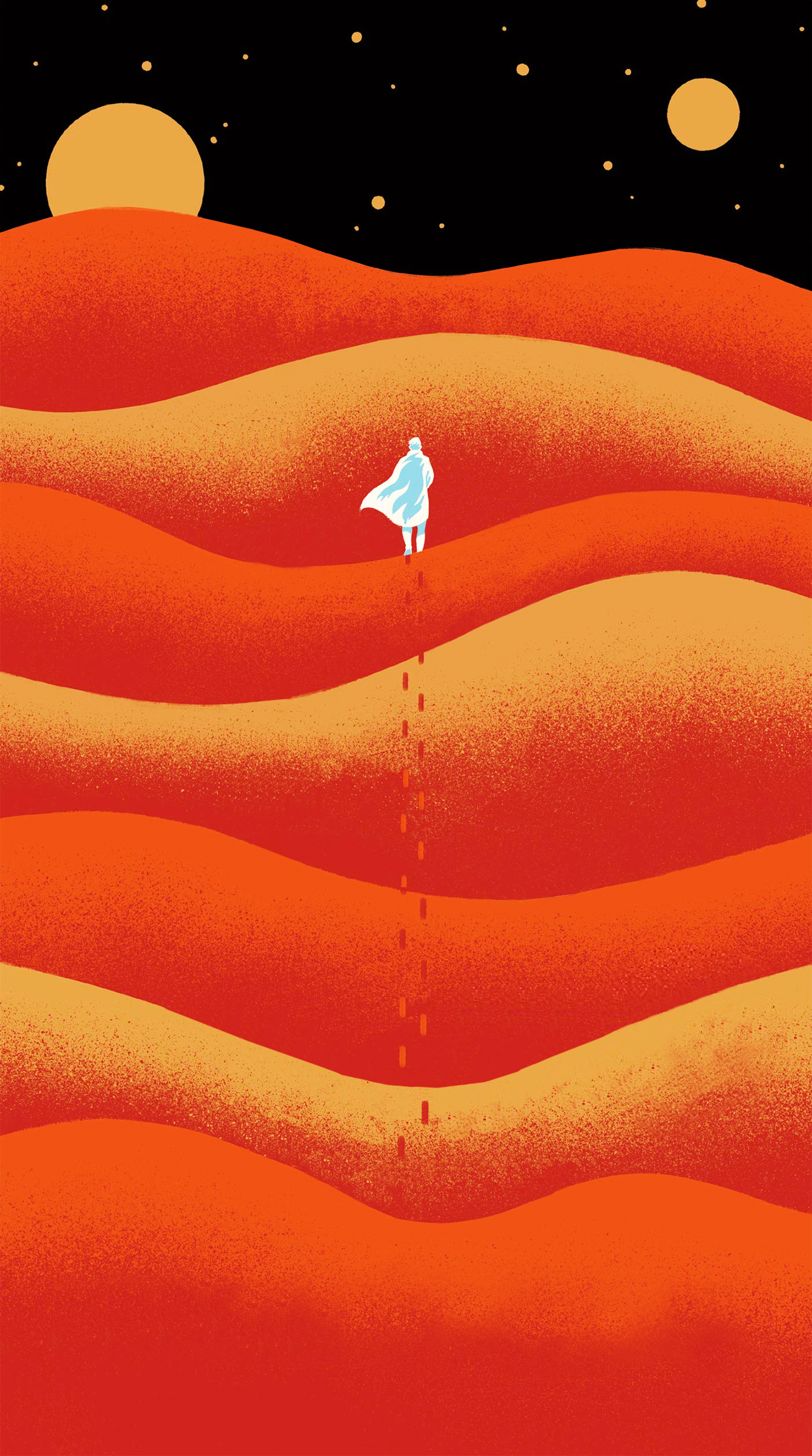 Cover art to Frank Herbert's Dune. minimalist approach. a lone figure in the desert walking across the dunes.