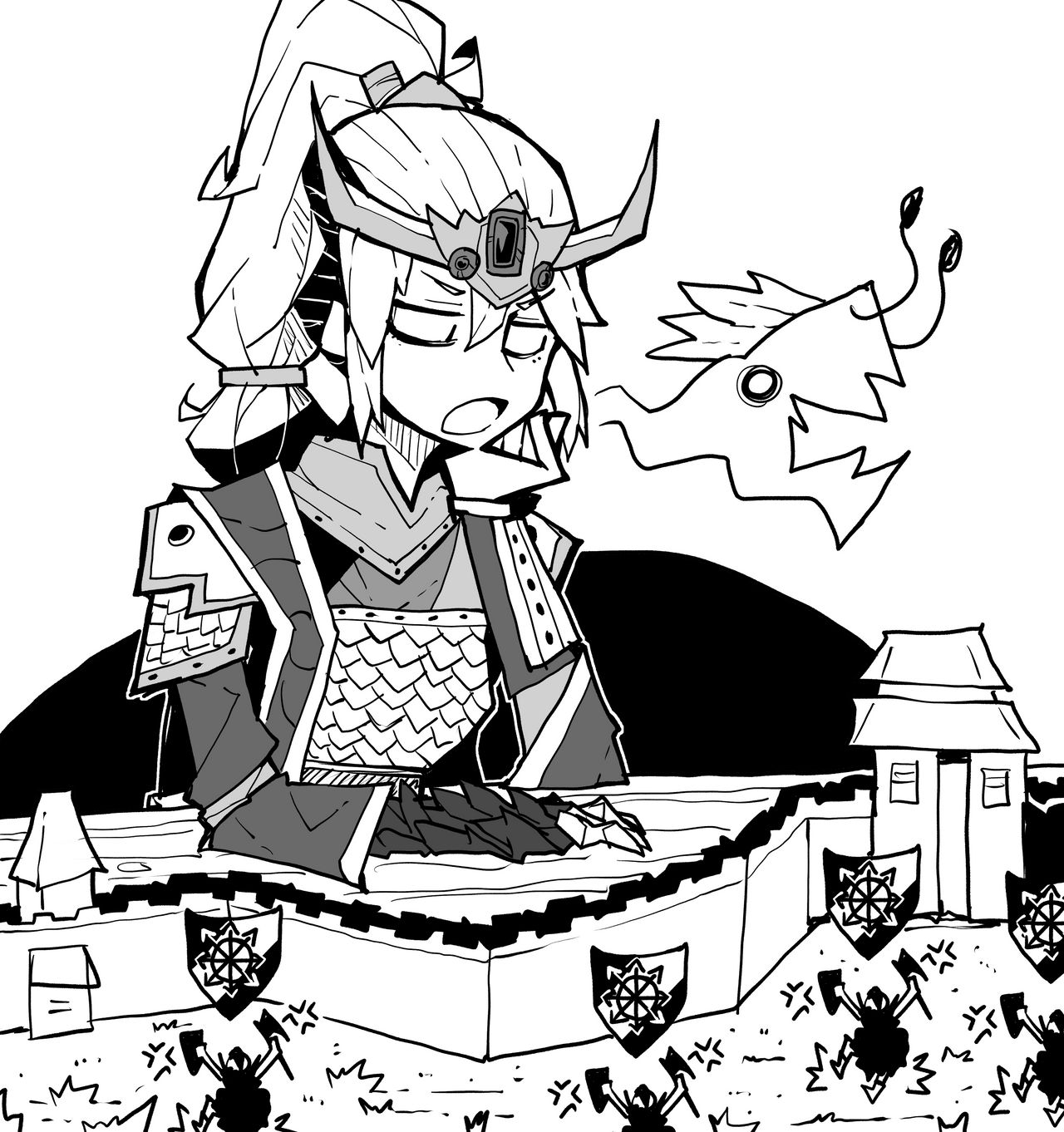 a doodle of a large miao ying sighing as she watches over The Great Bastion as hordes of chaos legions attack it.